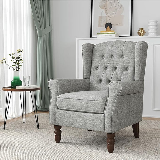 High Back Accent Chair, High Wingback Chair for Living Room, Button-Tufted Upholstered Fabric Armchair with Solid Wood Legs, Comfy Single Sofa Reading Chair for Bedroom, Light Gray