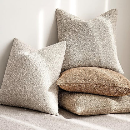 Foindtower Pack of 2 Textured Boucle Throw Pillow Covers Accent Solid Pillow Cases Cozy Soft Decorative Couch Cushion Case for Chair Sofa Bedroom Living Room Home Decor, 18 x 18 Inch,Neutral Ivory