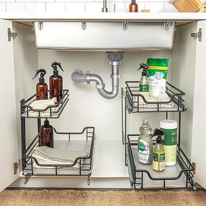 Household Essentials Glidez Multipurpose Paint-Finished Steel Pull-Out/Slide-Out Storage Organizer with Plastic Liners for Under Cabinet Use - 2-Tier Dual-Slide Design, Black