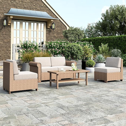 HERA'S HOUSE Patio Furniture Set, All Weather 4 Seats Outdoor Sectional Wicker Sofa with 44" Coffee Table, 5.5" Thick Waterproof Cushion Modular Conversation 5 Pieces Sofa Set for Garden Deck Backyard