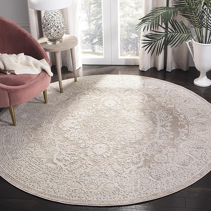 SAFAVIEH Area Rug 8' Round - Reflection Collection - Large - Beige & Cream, Non-Shedding & Easy Cleaning, Ideal for Living Room, Bedroom, Dining Space (RFT668A)