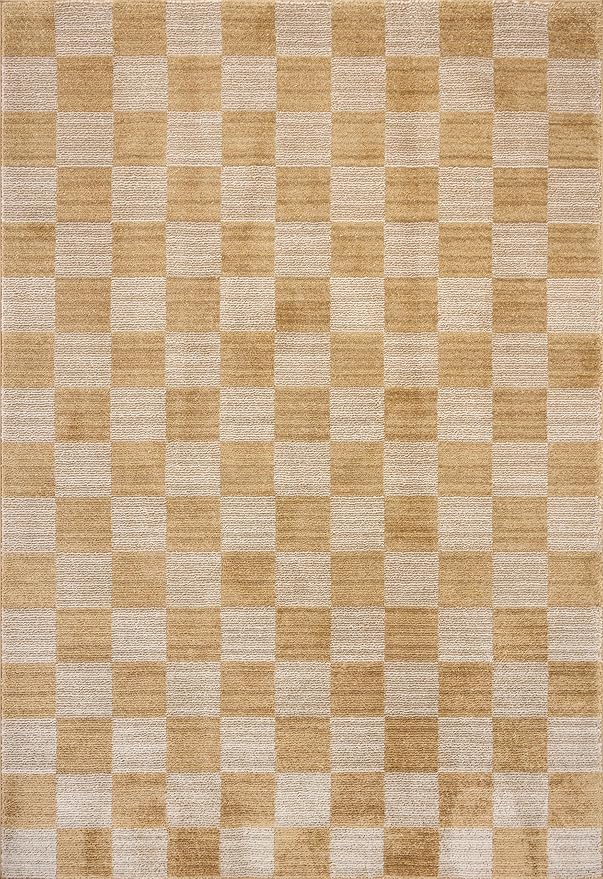 Loloi Chris Loves Julia Calvin Collection CLV-01 Apricot/Ivory 6'-3" x 9'-6" Area Rug Checkered Neutral Soft Living Room Bedroom Carpet