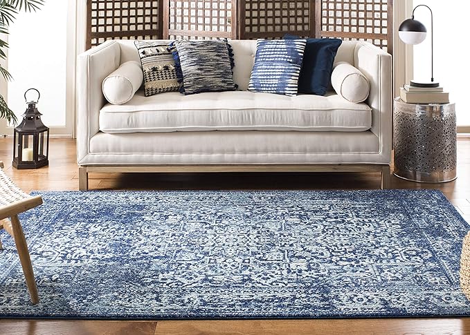 SAFAVIEH Area Rug 8x10 - Evoke Collection - Large - Navy & Ivory, Distressed Design, Non-Shedding & Easy Cleaning, Ideal for Living Room, Bedroom, Dining Space (EVK256A)