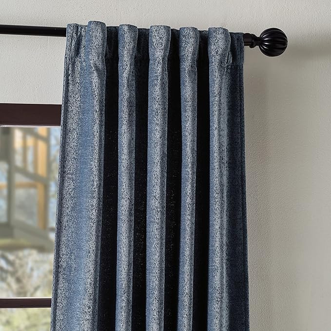 Martha Stewart Naples Chenille Solid Back Tab Window Curtain Panel Pair, 84", Navy