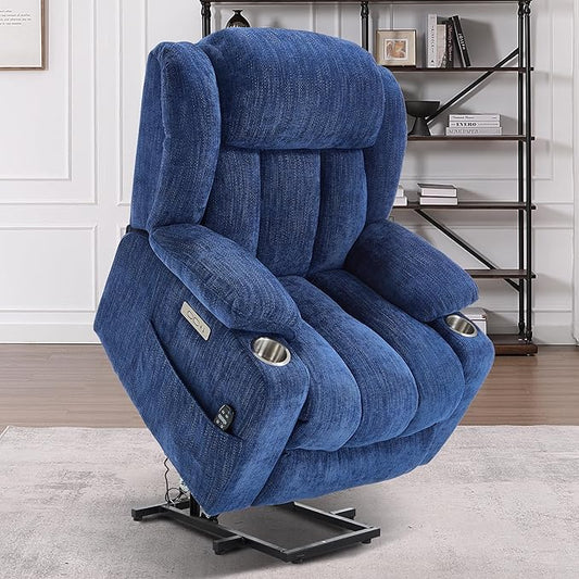 Power Lift Chair for Elderly, Electric Recliner Chair with 8-Point Vibration Massage and Lumbar Heating with Charging Ports, Cup Holders, Standing Assistance Reclining - Bright Blue