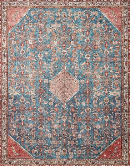 Loloi Layla Collection LAY-10 Marine/Clay 2'-6" x 9'-6" .13" Thick Runner Rug, Soft, Durable, Vintage Inspired, Distressed, Low Pile, Non-Shedding, Easy Clean, Printed, Living Room Rug