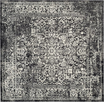 SAFAVIEH Evoke Collection Area Rug - 5'3" Square, Black & Grey, Distressed Design, Non-Shedding & Easy to Clean, Ideal for Living Room, Bedroom, Dining Space (EVK256R)