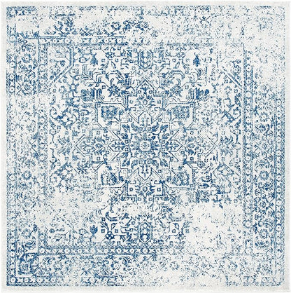 SAFAVIEH Evoke Collection Area Rug - 6'7" Square, Ivory & Navy, Distressed Design, Non-Shedding & Easy to Clean, Ideal for Living Room, Bedroom, Dining Space (EVK256N)
